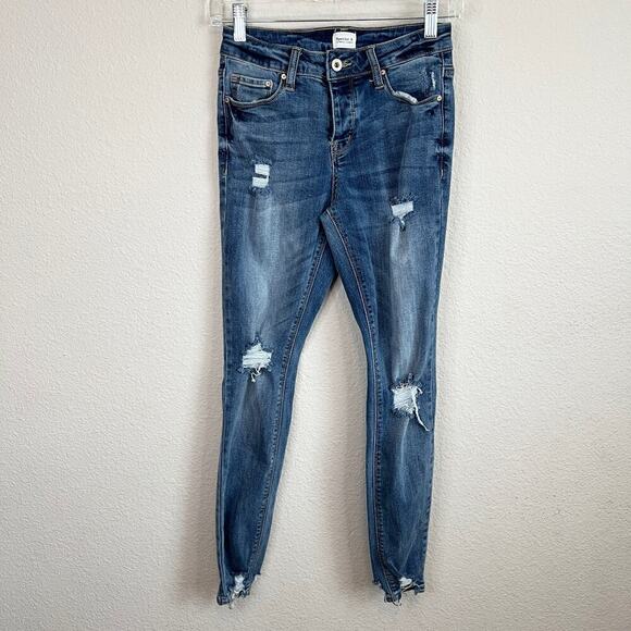 Special A Skinny Jeans Junior's 3 Mid Rise Distressed Stretch Denim Medium Wash - Picture 1 of 8